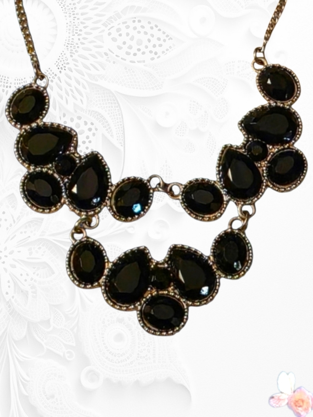 Black Sparkly Silver-Tone Faceted Teardrop Statement Bib Necklace 17" 226